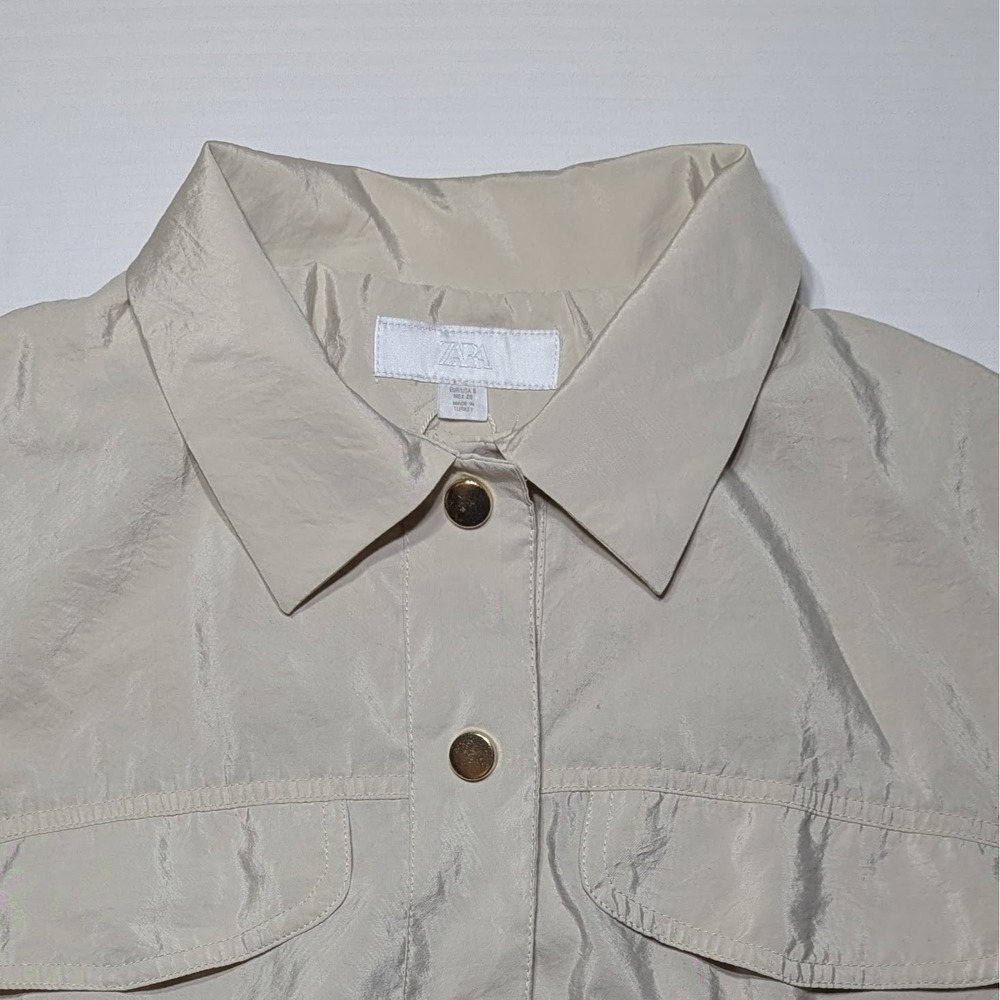 Zara Women Small Champagne Gold Button Cropped Bomber Utility Jacket S Shacket - Picture 2 of 9